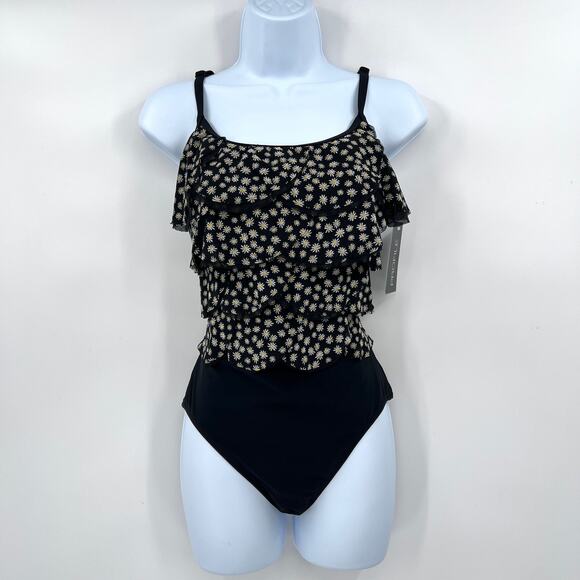 Profile By Gottex Other - PROFILE BY GOTTEX One Piece Swimsuit Women 10 Black Daisy Ruffle Scoop Neck New